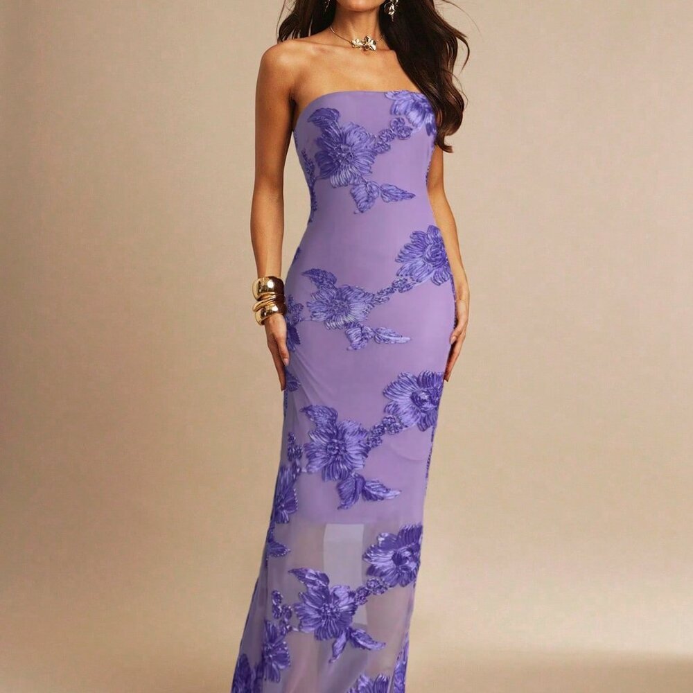 Mauve Purple Party Women's 3d Floral Sexy Bodycon Camisole Dress